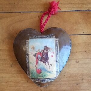 Heart-Shaped Decorative Metal Ornament with Horse, Cowboy and Hearts Design